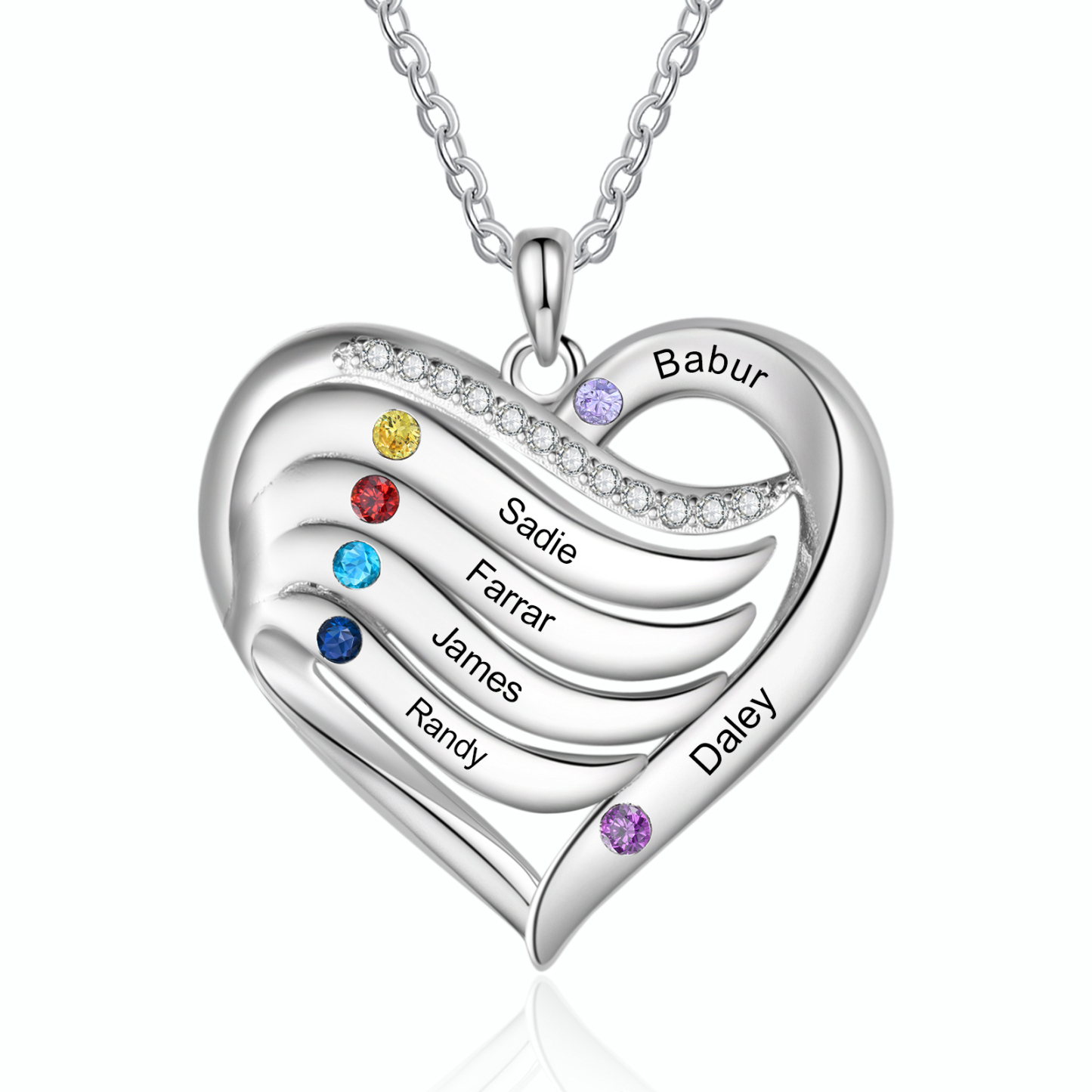 925 Sterling Silber Personalisierte 1/6 Namen & 1/6 Geburtssteinen Herz Halskette mit Zirkonia