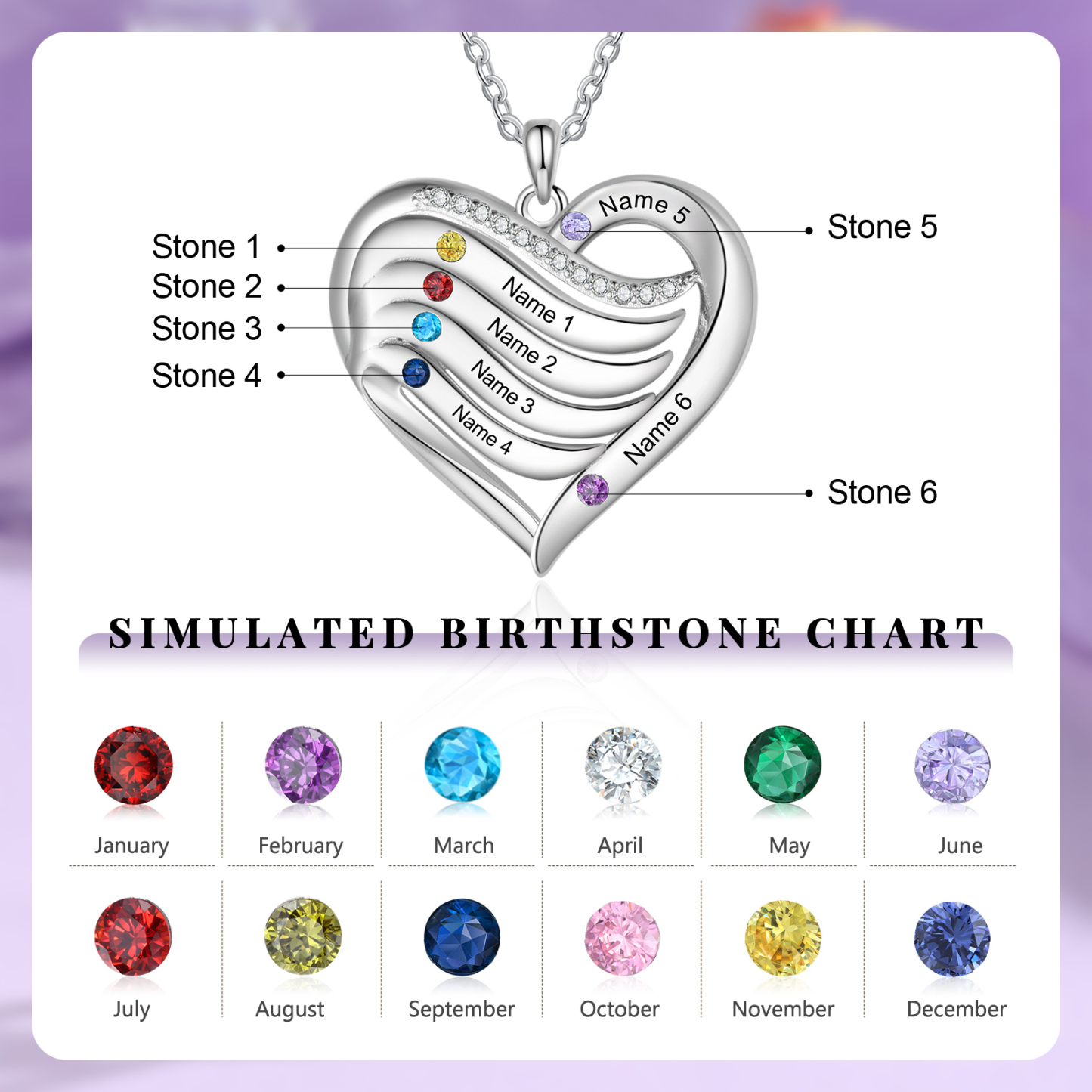 925 Sterling Silber Personalisierte 1/6 Namen & 1/6 Geburtssteinen Herz Halskette mit Zirkonia