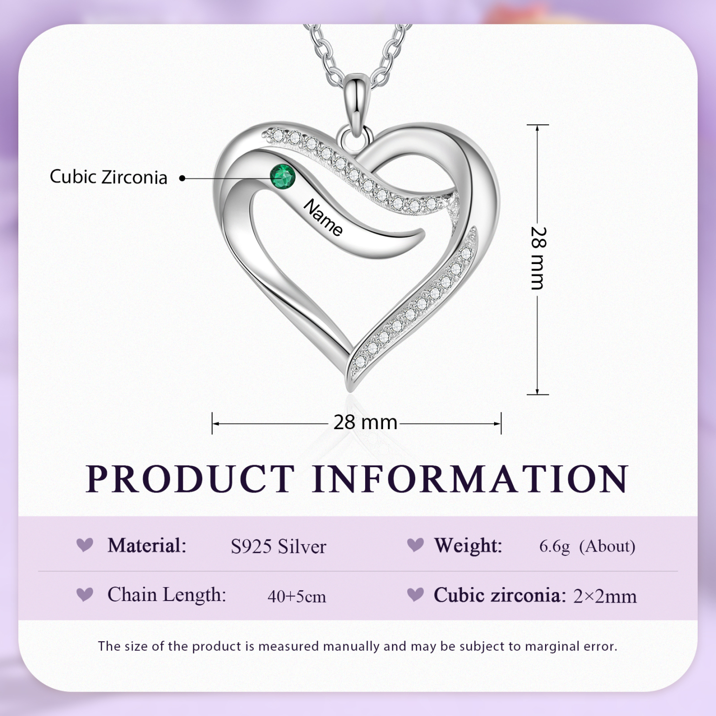 925 Sterling Silber Personalisierte 1/6 Namen & 1/6 Geburtssteinen Herz Halskette mit Zirkonia