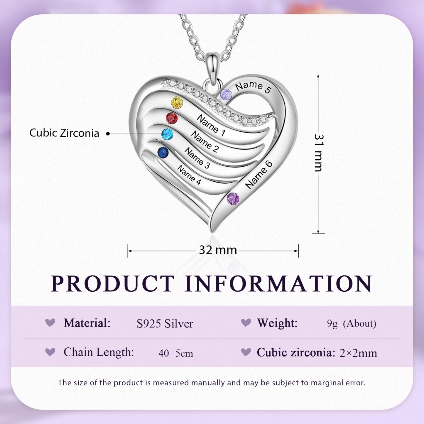 925 Sterling Silber Personalisierte 1/6 Namen & 1/6 Geburtssteinen Herz Halskette mit Zirkonia