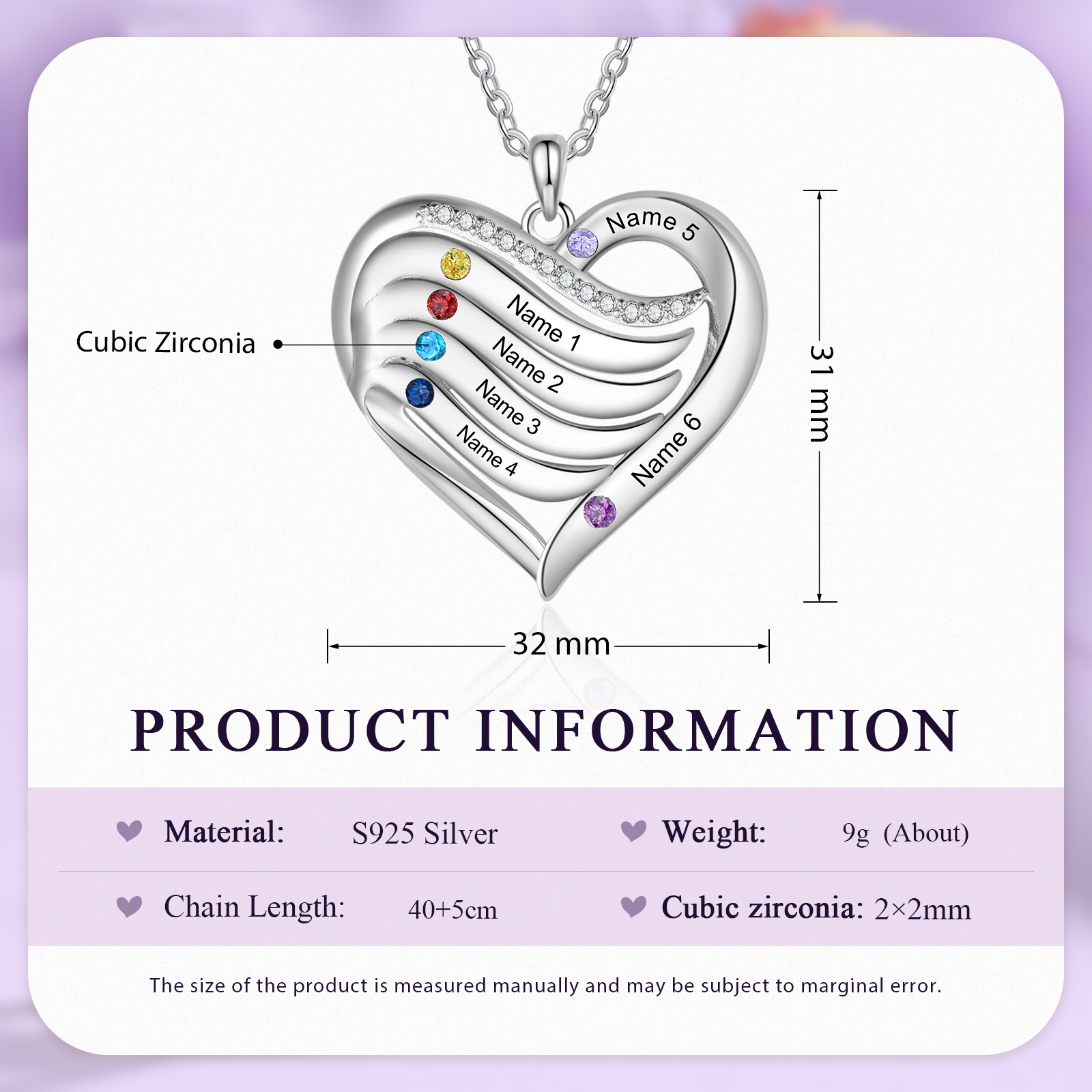 925 Sterling Silber Personalisierte 1/6 Namen & 1/6 Geburtssteinen Herz Halskette mit Zirkonia