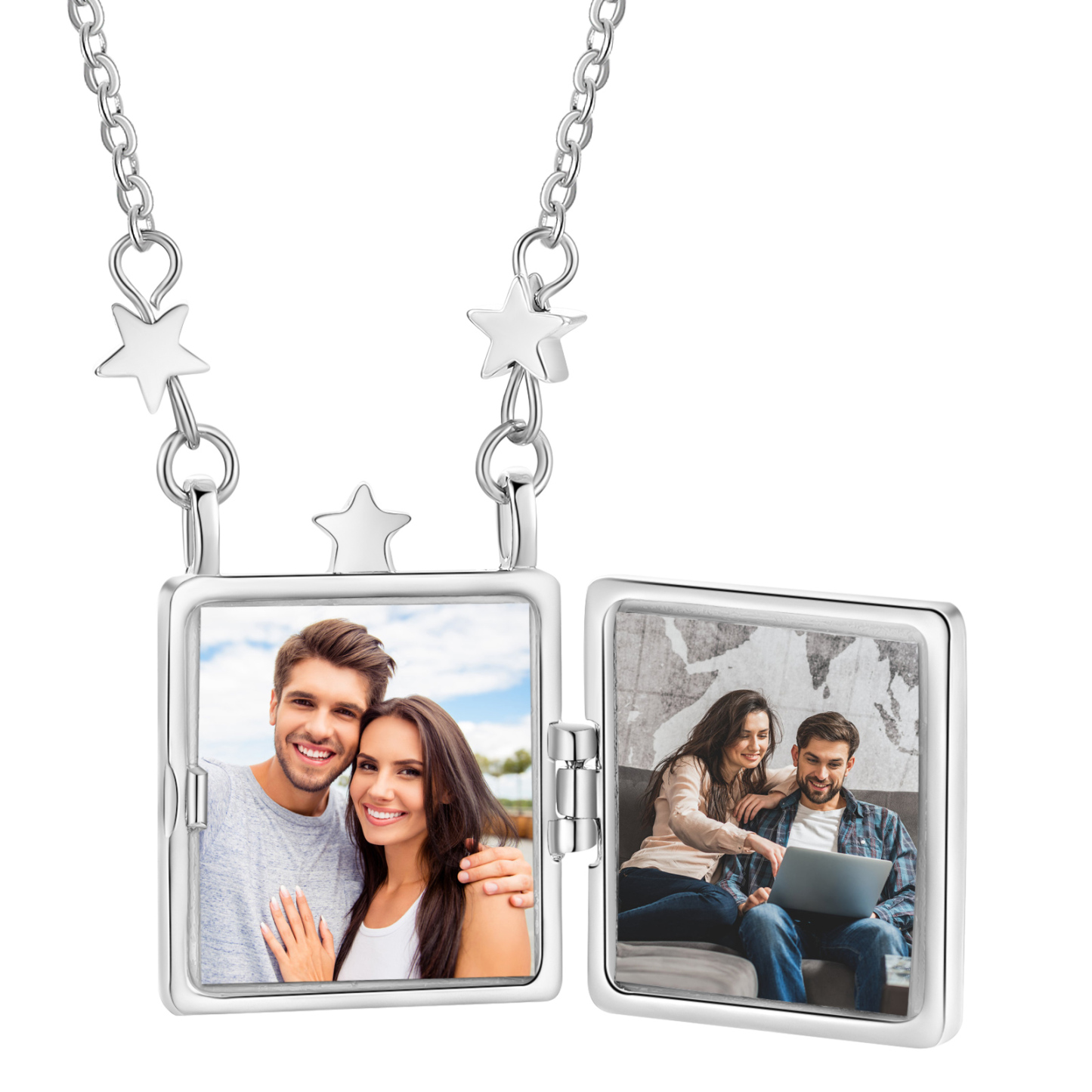 Personalisierte 2 Fotos Medaillon Halskette - Quadrat Anhänger mit Sonne & Mond & Sterne