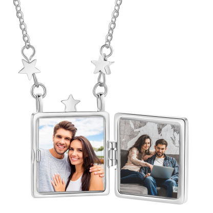  Personalisierte 2 Fotos Medaillon Halskette - Quadrat Anhänger mit Sonne & Mond & Sterne