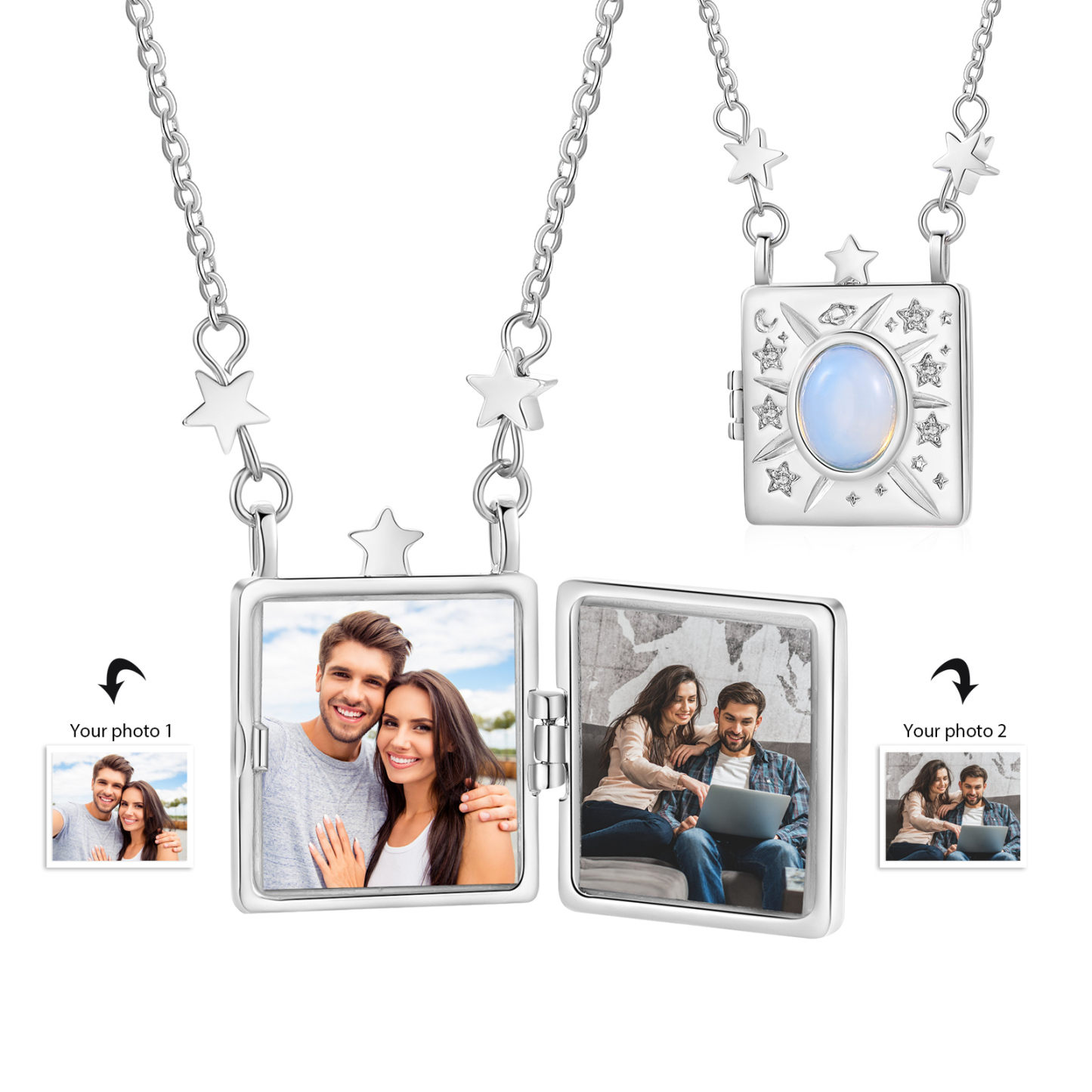 Personalisierte 2 Fotos Medaillon Halskette - Quadrat Anhänger mit Sonne & Mond & Sterne