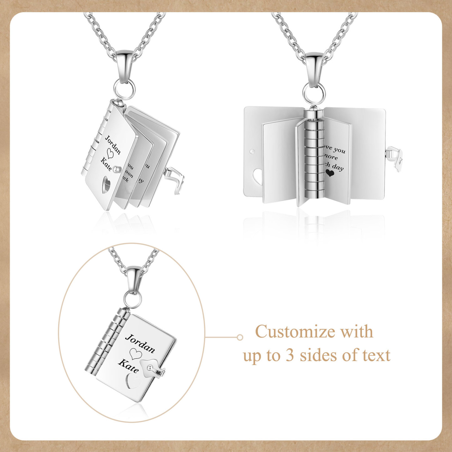 Personalisierte 3 Texte Edelstahl 3-Buchseiten-Halskette in Silber/Gold für Paar – Ein Symbol ewiger Liebe