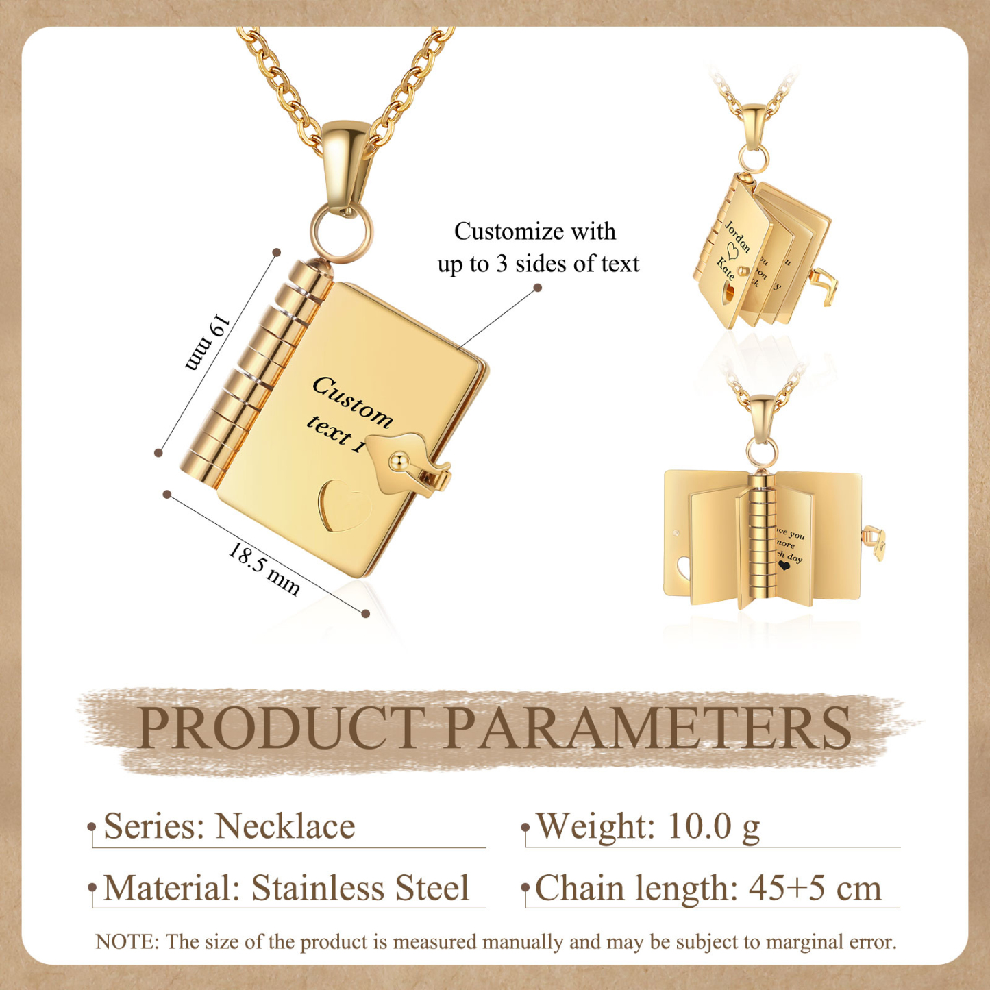 Personalisierte 3 Texte Edelstahl 3-Buchseiten-Halskette in Silber/Gold für Paar – Ein Symbol ewiger Liebe