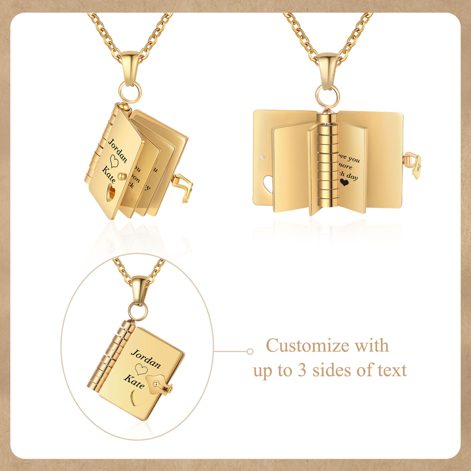 Personalisierte 3 Texte Edelstahl 3-Buchseiten-Halskette in Silber/Gold für Paar – Ein Symbol ewiger Liebe