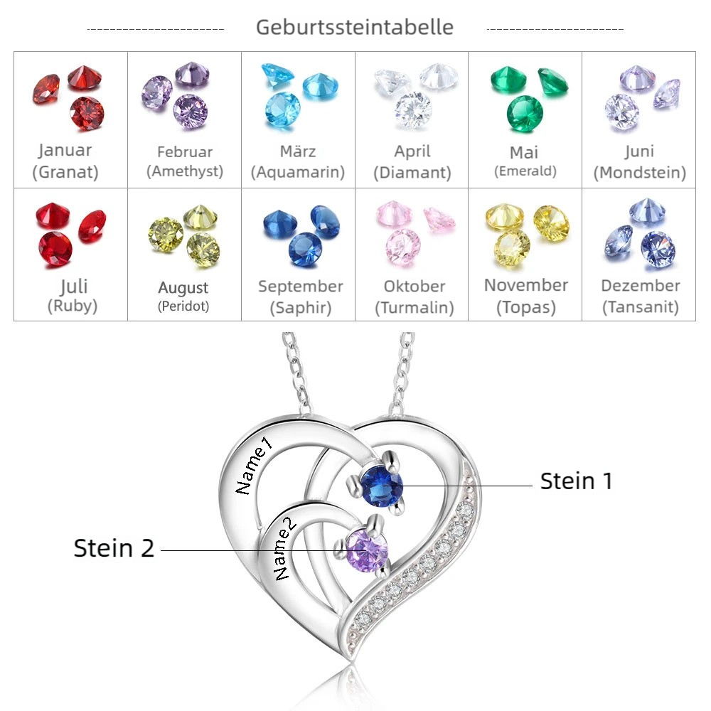 Personalisierte 2-6 Namen & 2-6 Geburtssteinen mehrschichtige Herz-Halskette in Weißgold