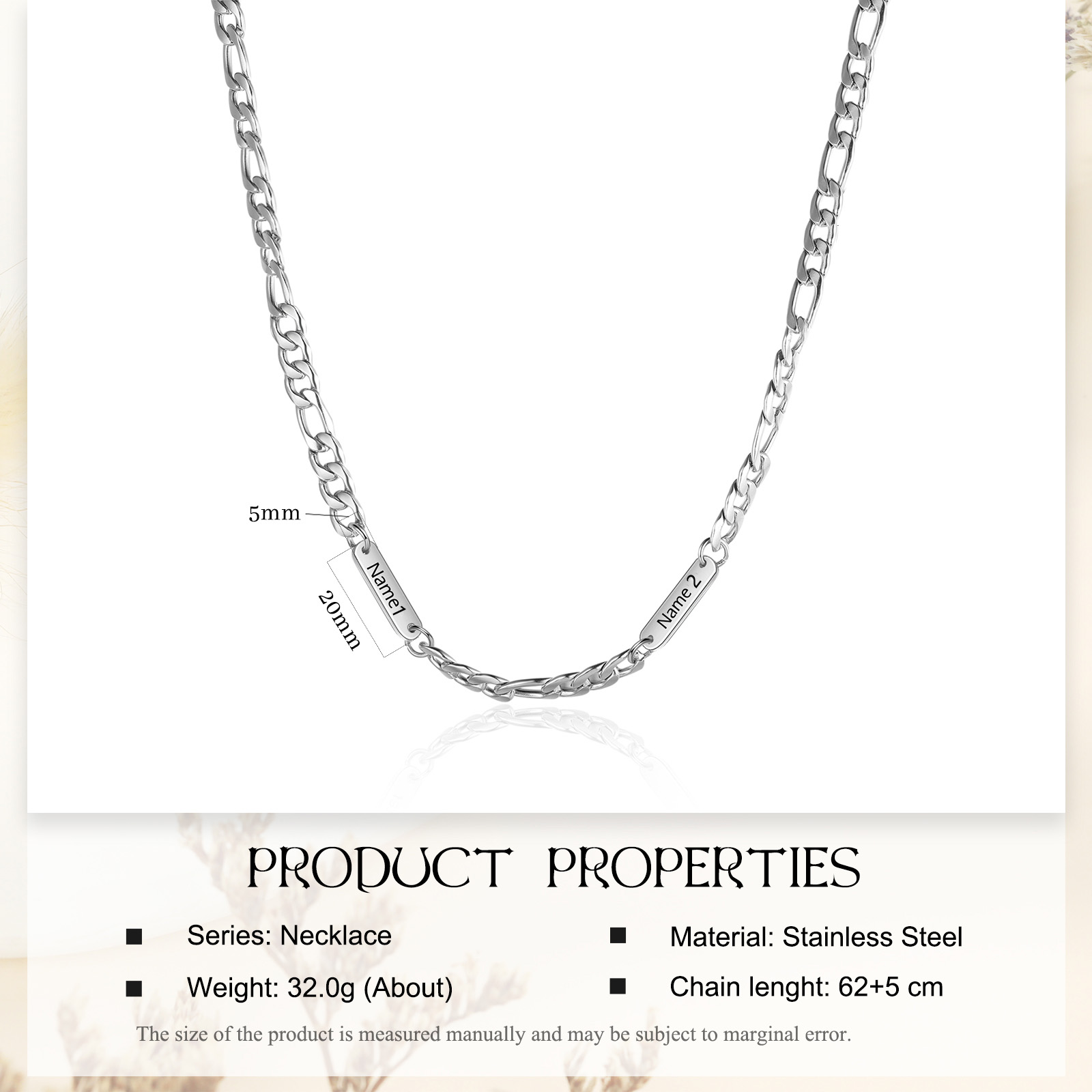 Herren Personalisierte 2 Namen Silberfarbene Edelstahl Halskette - Geschenk mit Nachrichtenkarte