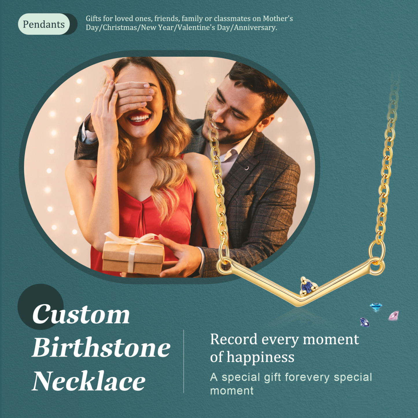 Personalisierte mit Geburtsstein 925 Sterling Silber Halskette