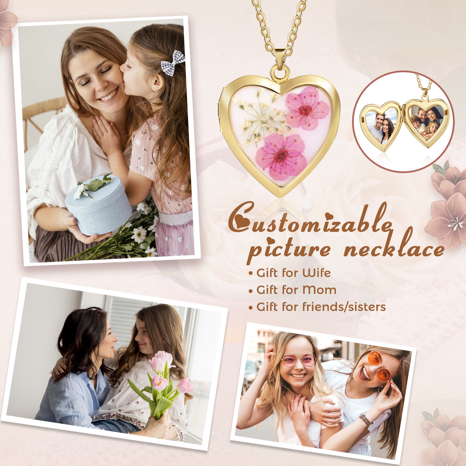 Personalisierte 2 Fotos Medaillon-Halskette - Herz Anhänger mit Blume in Rosa / Blau / Orange