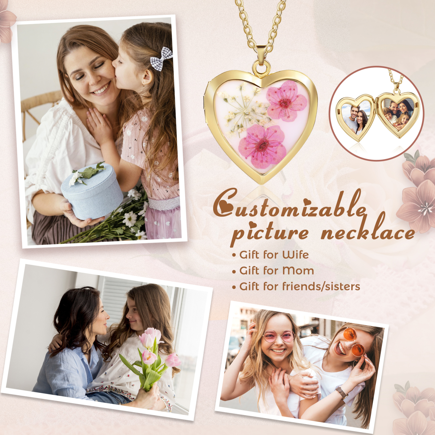 Personalisierte 2 Fotos Medaillon-Halskette - Herz Anhänger mit Blume in Rosa / Blau / Orange