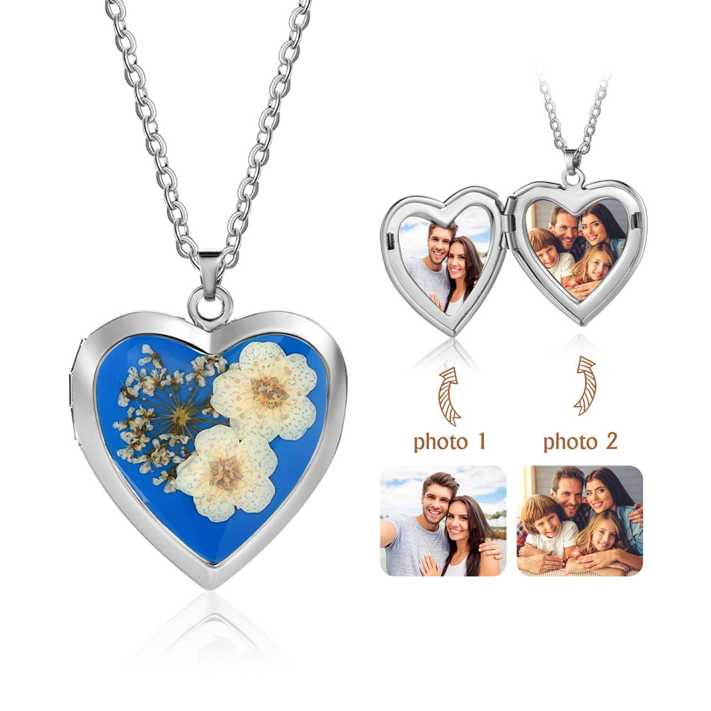 Personalisierte 2 Fotos Medaillon-Halskette - Herz Anhänger mit Blume in Rosa / Blau / Orange