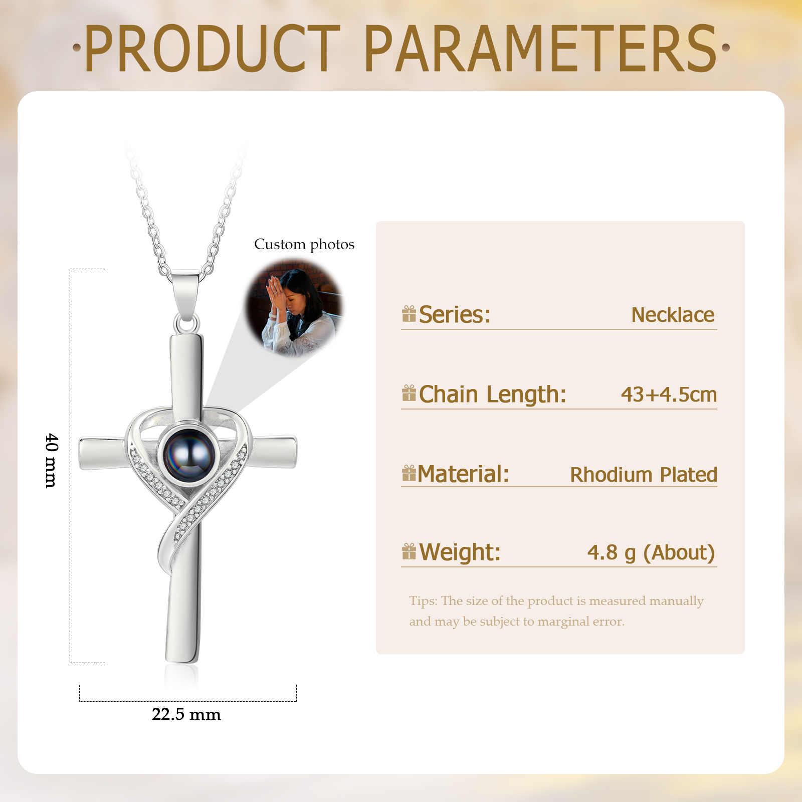 Personalisierte Foto Kreuz Kommunion Projektion Halskette in Silber/ Golden