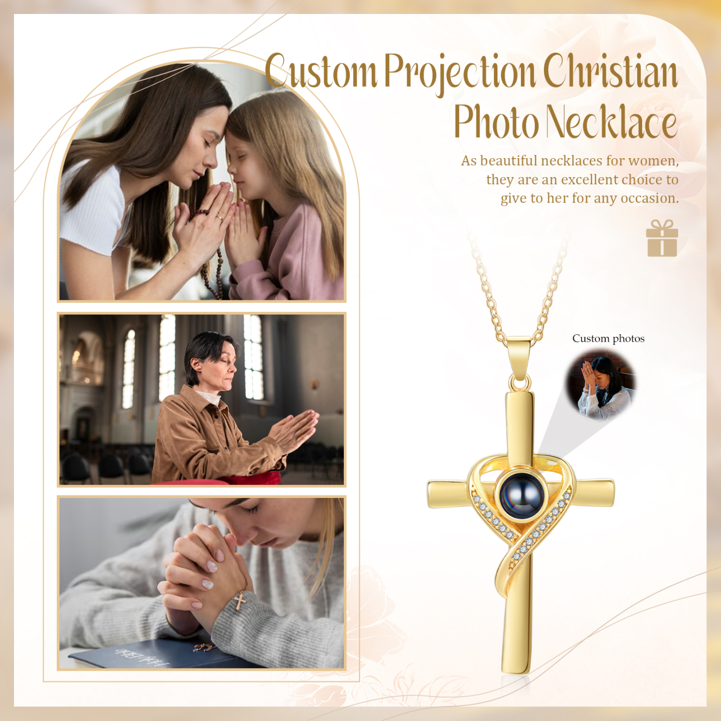 Personalisierte Foto Kreuz Kommunion Projektion Halskette in Silber/ Golden