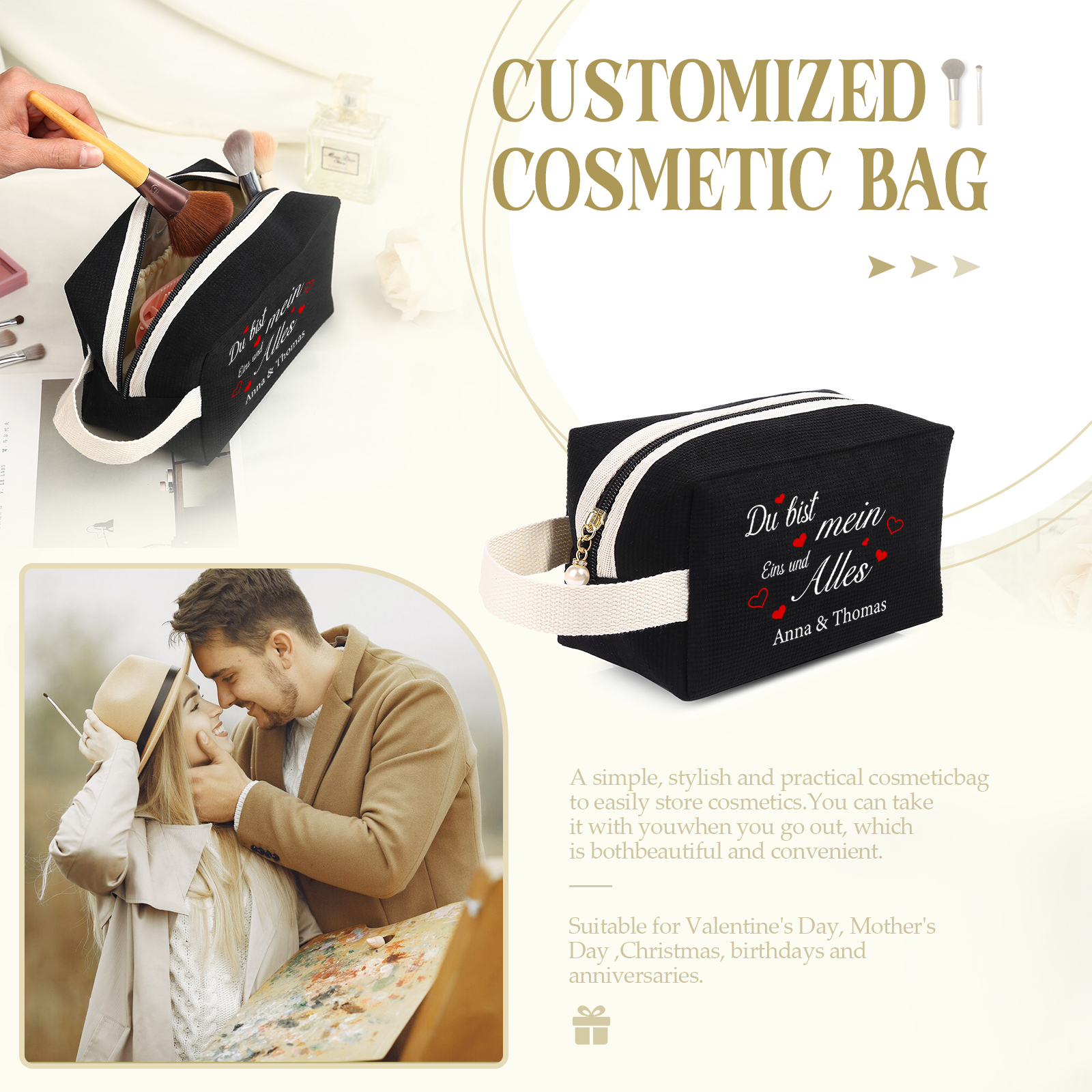 Personalisierter 1 Text & 2 Namen Kord Schminktasche in 2 Stile & 4 Farben – Perfektes Geschenk