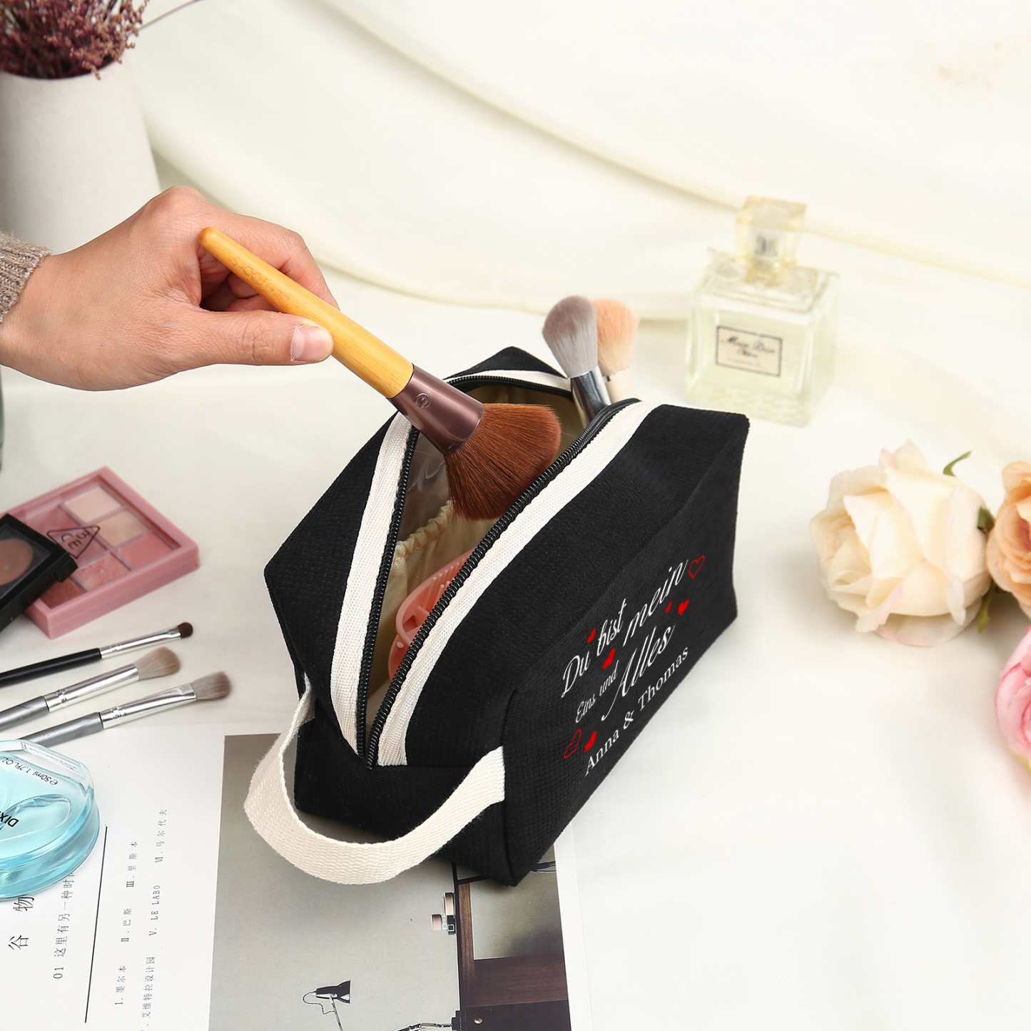 Personalisierter 1 Text & 2 Namen Kord Schminktasche in 2 Stile & 4 Farben – Perfektes Geschenk