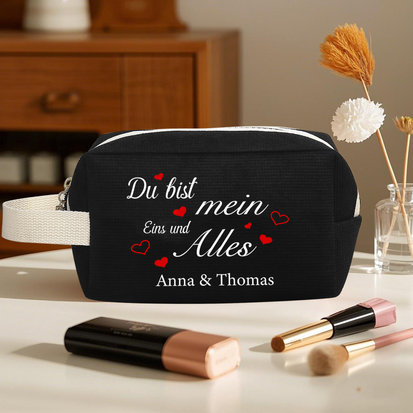 Personalisierter 1 Text & 2 Namen Kord Schminktasche in 2 Stile & 4 Fa