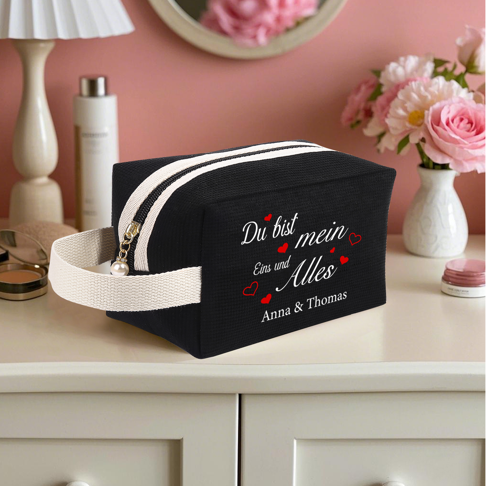 Personalisierter 1 Text & 2 Namen Kord Schminktasche in 2 Stile & 4 Farben – Perfektes Geschenk