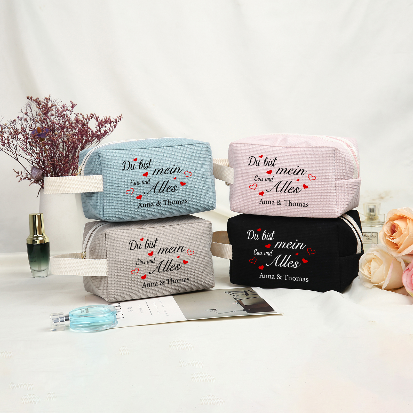 Personalisierter 1 Text & 2 Namen Kord Schminktasche in 2 Stile & 4 Farben – Perfektes Geschenk