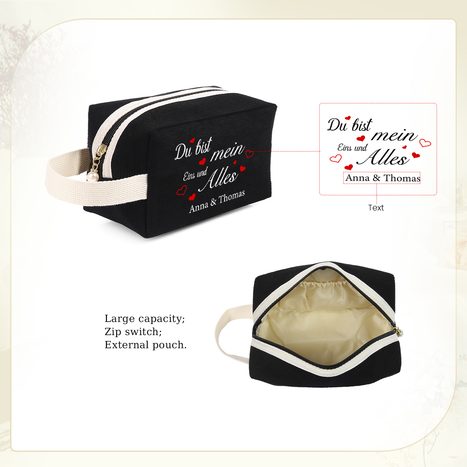 Personalisierter 1 Text & 2 Namen Kord Schminktasche in 2 Stile & 4 Farben – Perfektes Geschenk