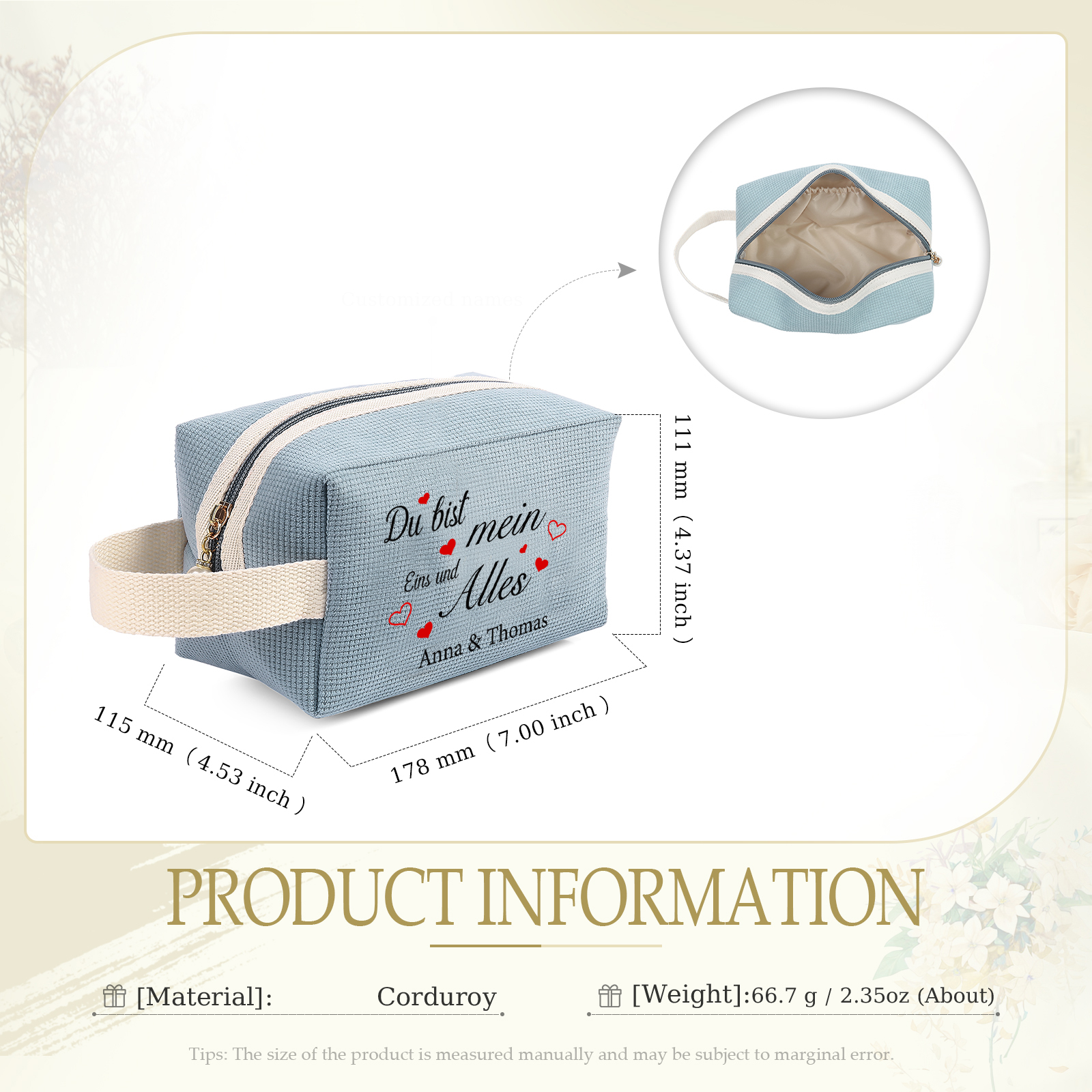 Personalisierter 1 Text & 2 Namen Kord Schminktasche in 2 Stile & 4 Farben – Perfektes Geschenk