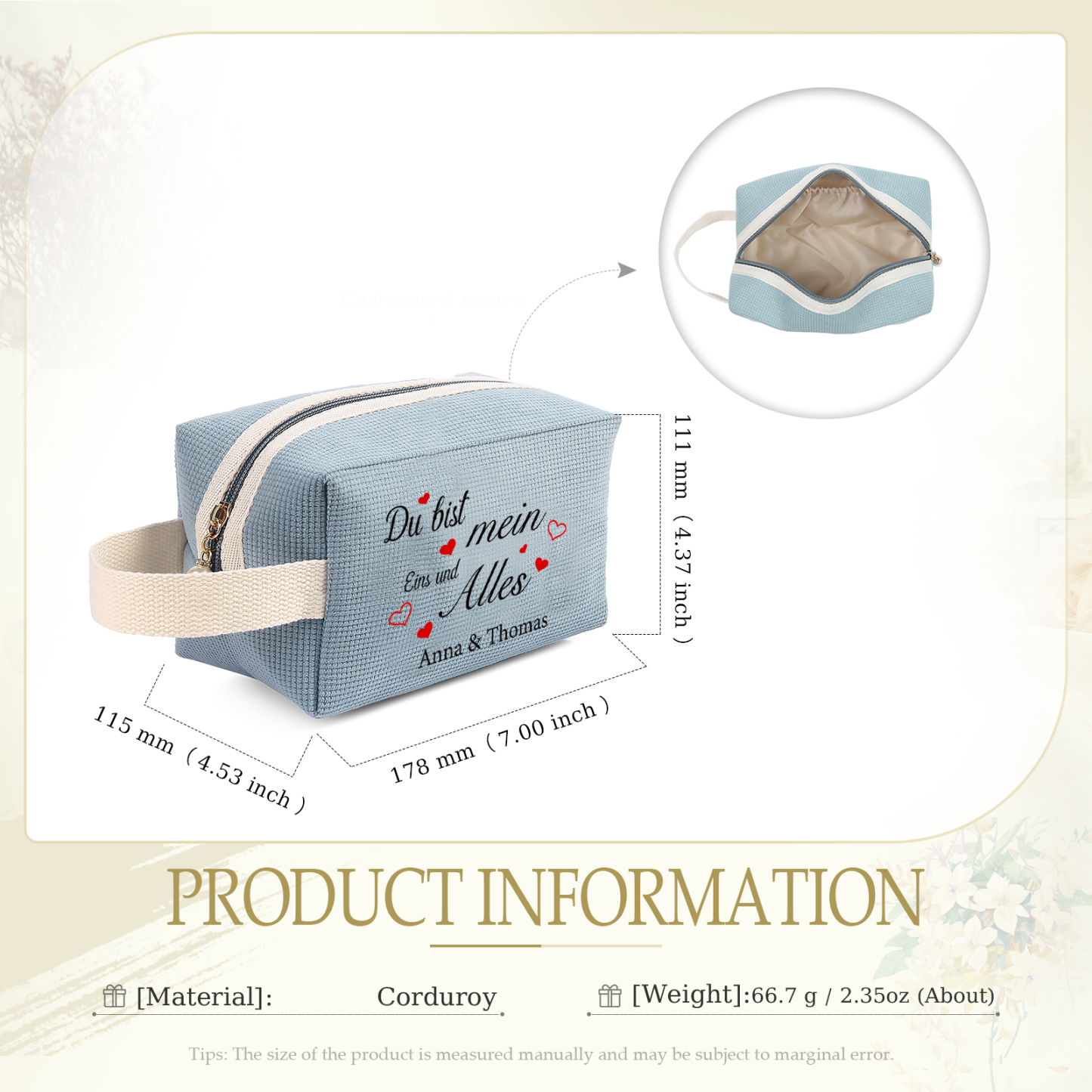 Personalisierter 1 Text & 2 Namen Kord Schminktasche in 2 Stile & 4 Farben – Perfektes Geschenk