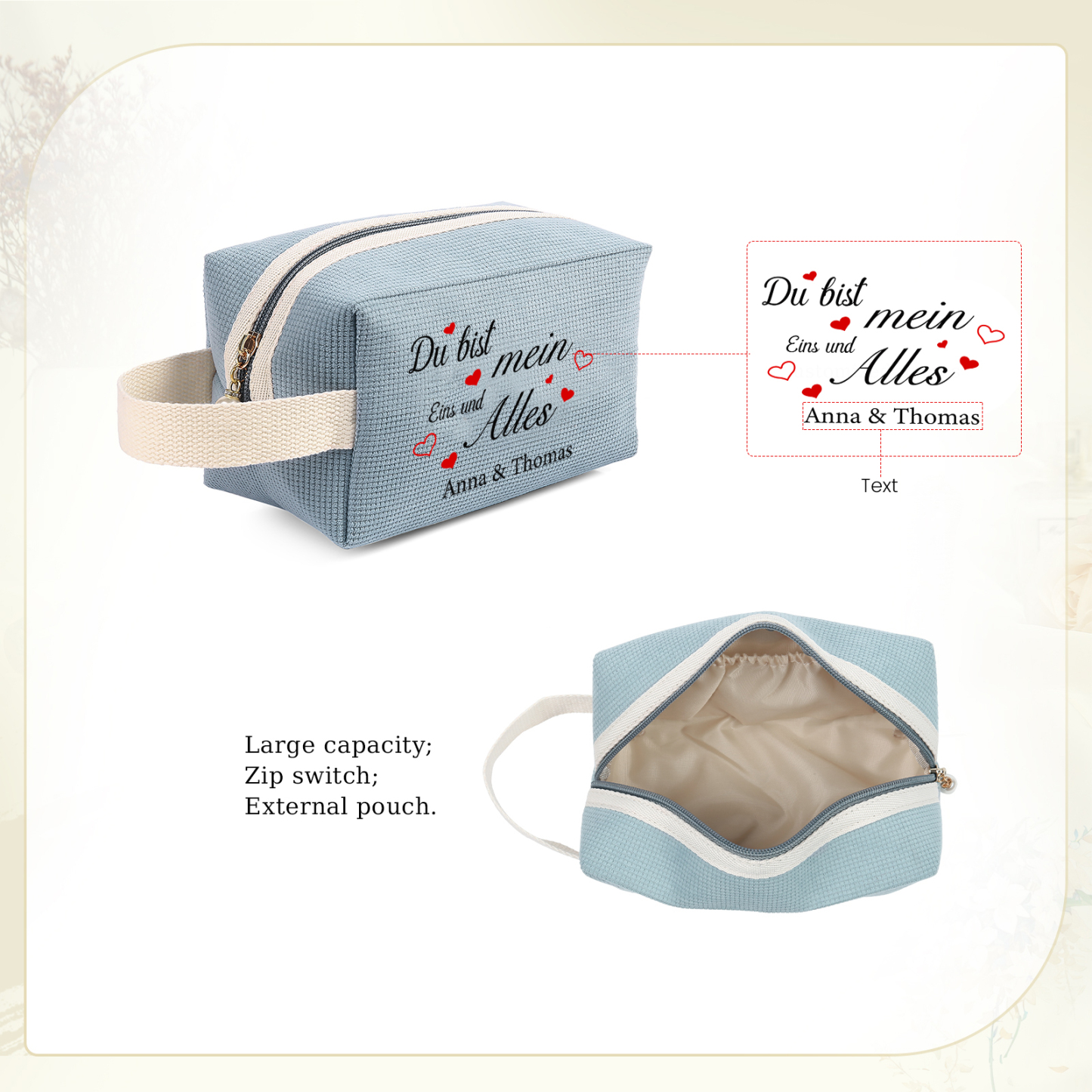 Personalisierter 1 Text & 2 Namen Kord Schminktasche in 2 Stile & 4 Farben – Perfektes Geschenk