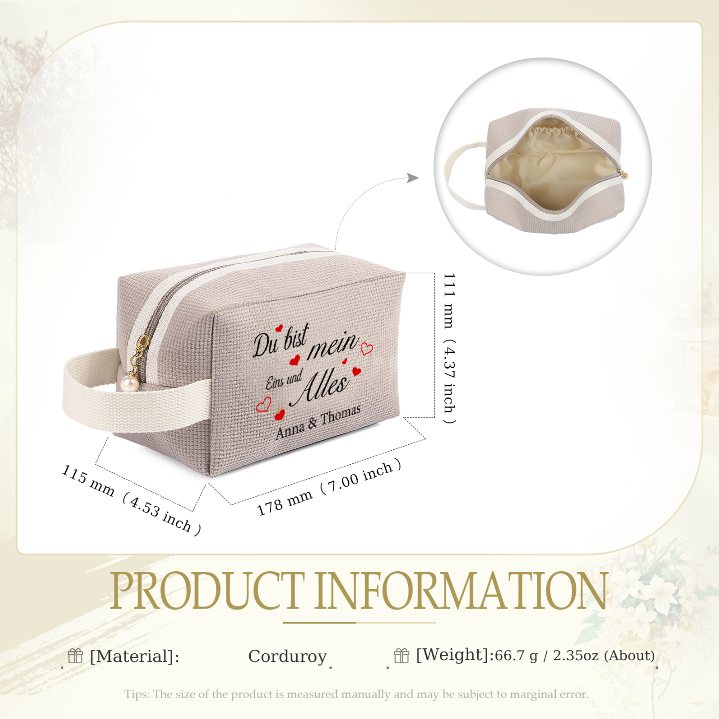 Personalisierter 1 Text & 2 Namen Kord Schminktasche in 2 Stile & 4 Farben – Perfektes Geschenk