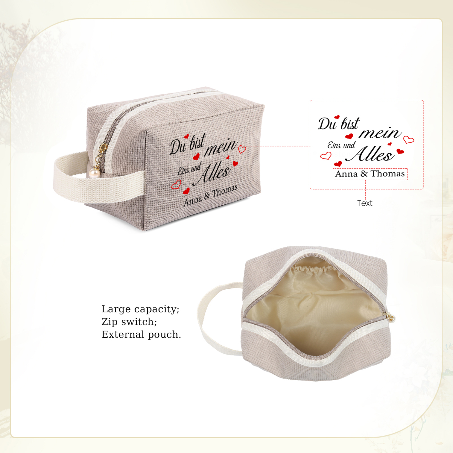 Personalisierter 1 Text & 2 Namen Kord Schminktasche in 2 Stile & 4 Farben – Perfektes Geschenk