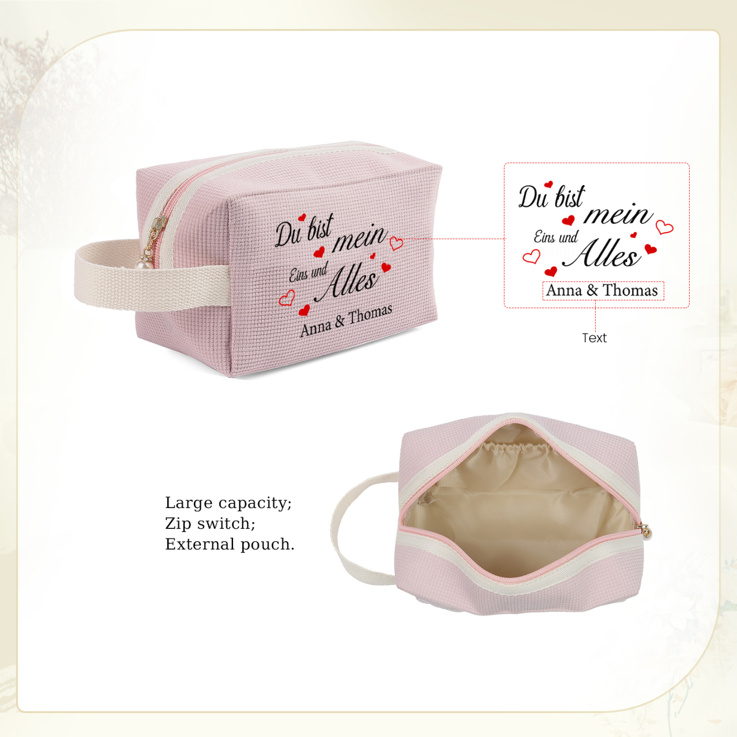 Personalisierter 1 Text & 2 Namen Kord Schminktasche in 2 Stile & 4 Farben – Perfektes Geschenk