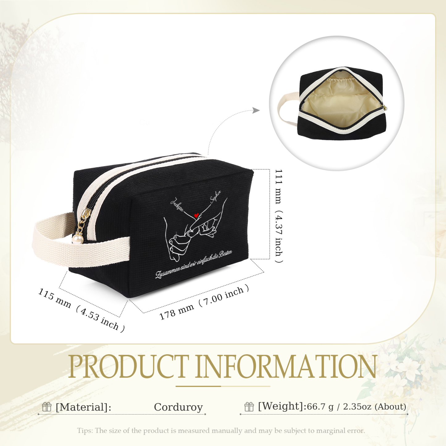 Personalisierter 1 Text & 2 Namen Kord Schminktasche in 2 Stile & 4 Farben – Perfektes Geschenk