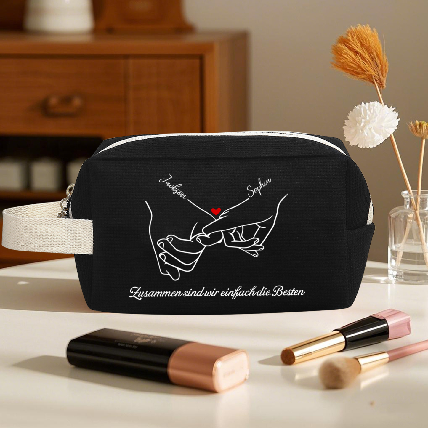 Personalisierter 1 Text & 2 Namen Kord Schminktasche in 2 Stile & 4 Farben – Perfektes Geschenk