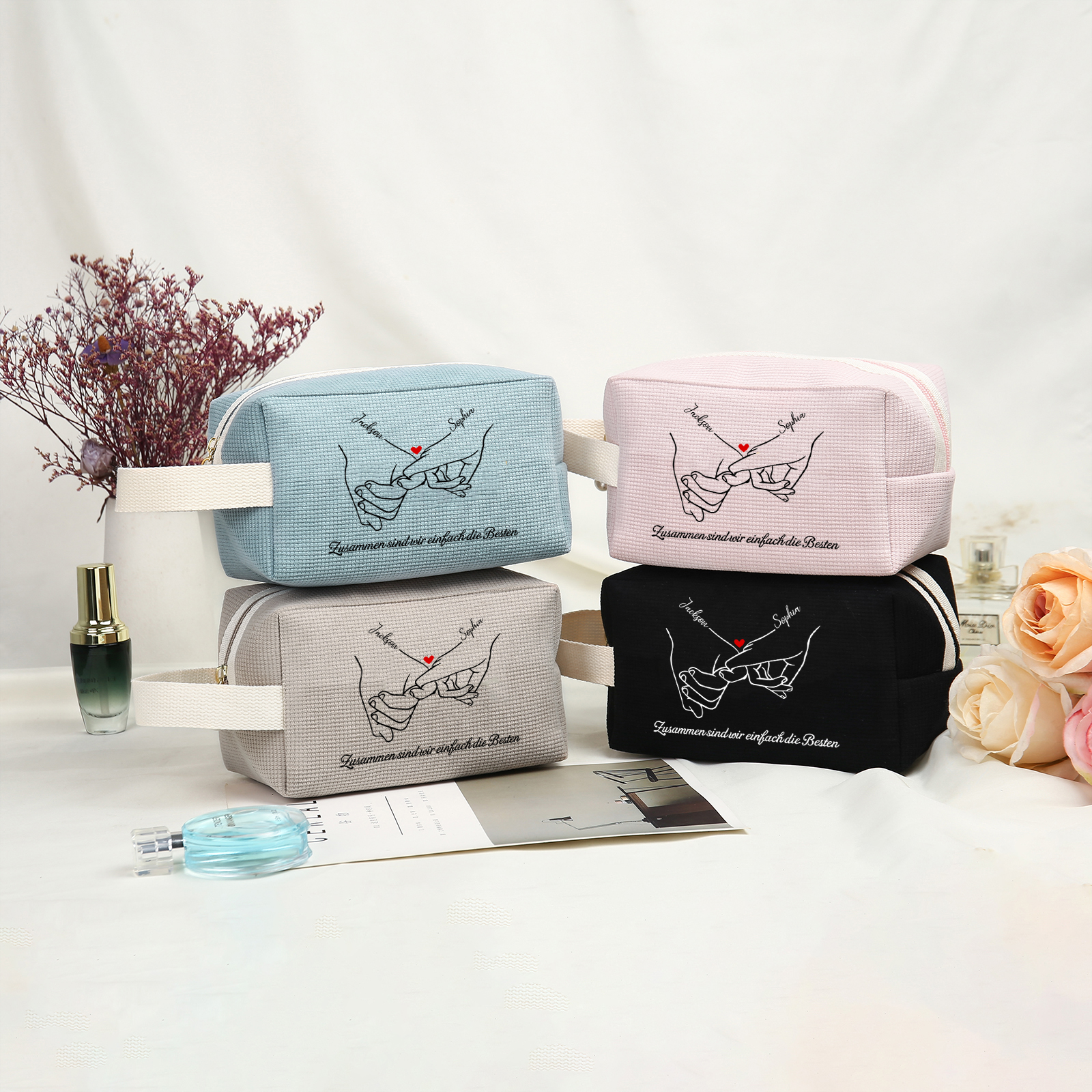 Personalisierter 1 Text & 2 Namen Kord Schminktasche in 2 Stile & 4 Farben – Perfektes Geschenk