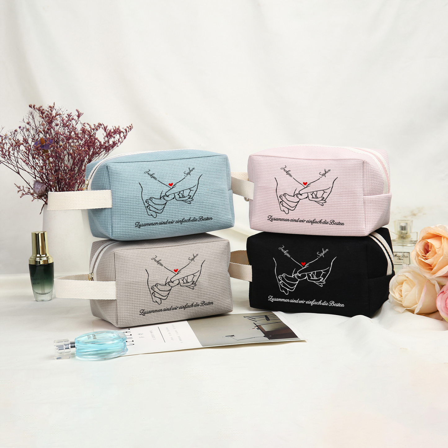 Personalisierter 1 Text & 2 Namen Kord Schminktasche in 2 Stile & 4 Farben – Perfektes Geschenk