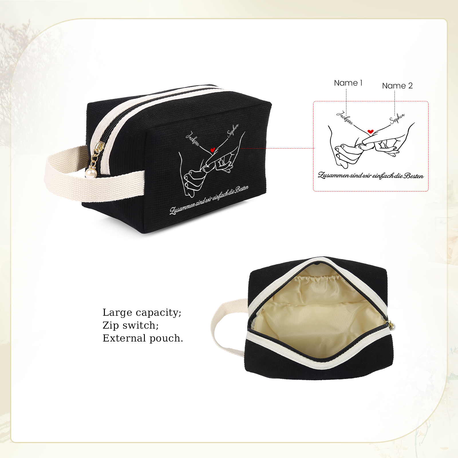 Personalisierter 1 Text & 2 Namen Kord Schminktasche in 2 Stile & 4 Farben – Perfektes Geschenk