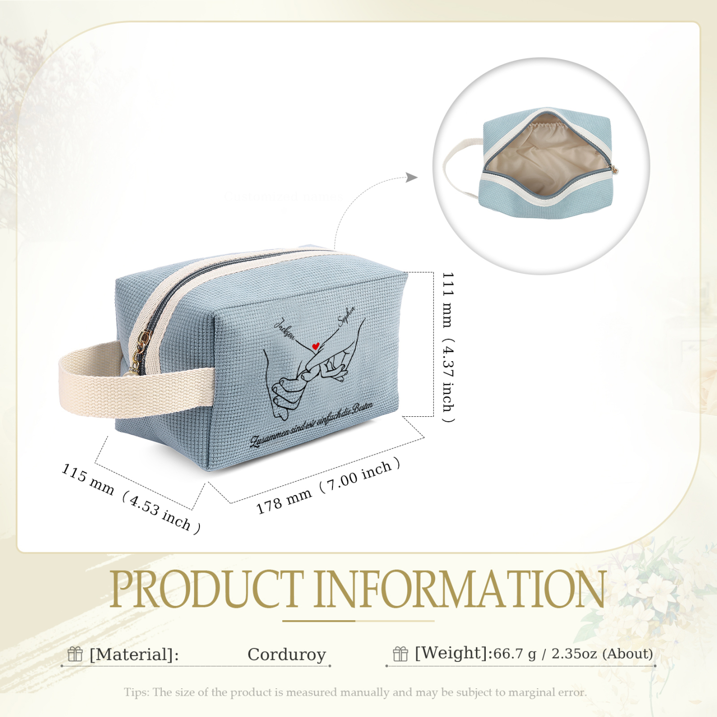 Personalisierter 1 Text & 2 Namen Kord Schminktasche in 2 Stile & 4 Farben – Perfektes Geschenk