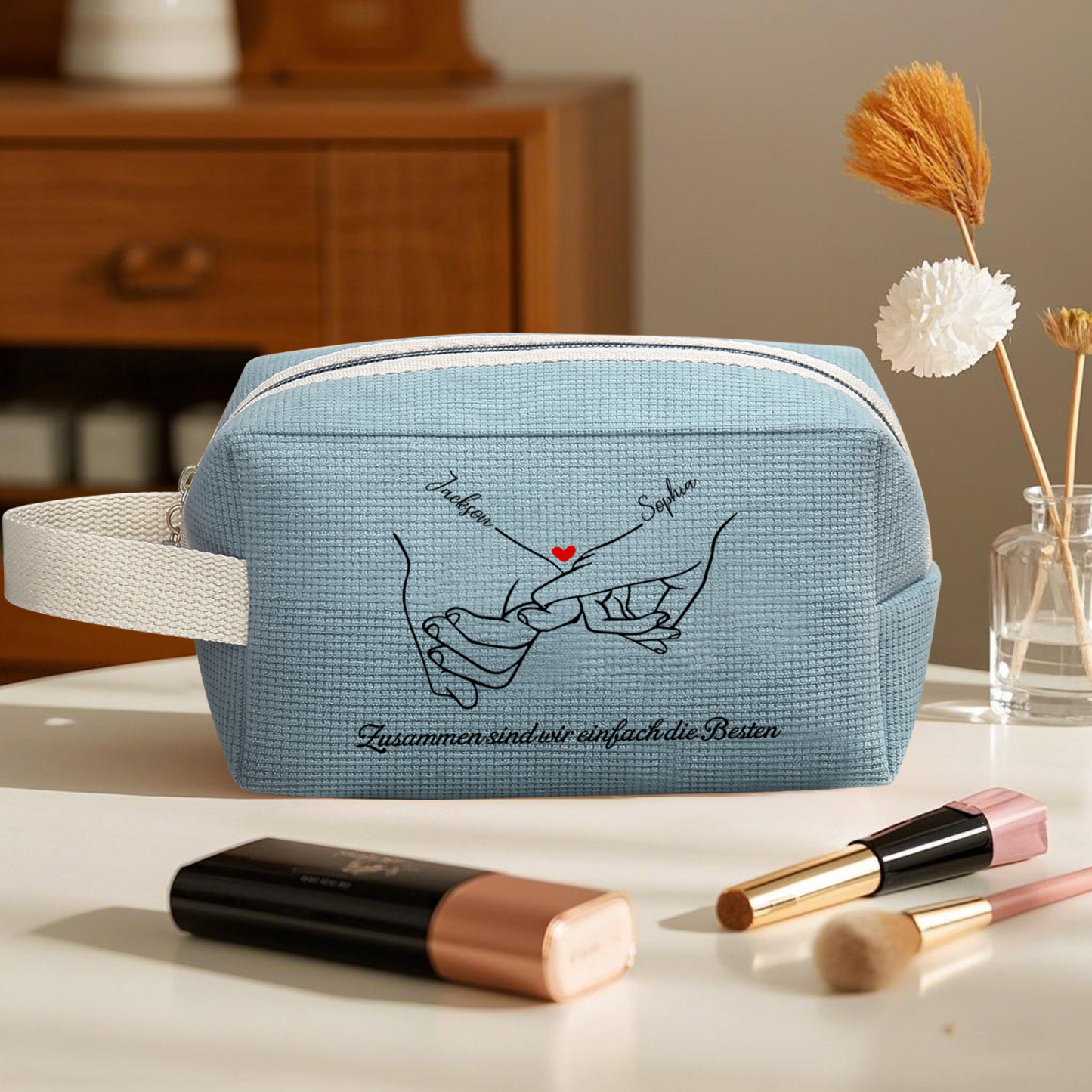 Personalisierter 1 Text & 2 Namen Kord Schminktasche in 2 Stile & 4 Farben – Perfektes Geschenk