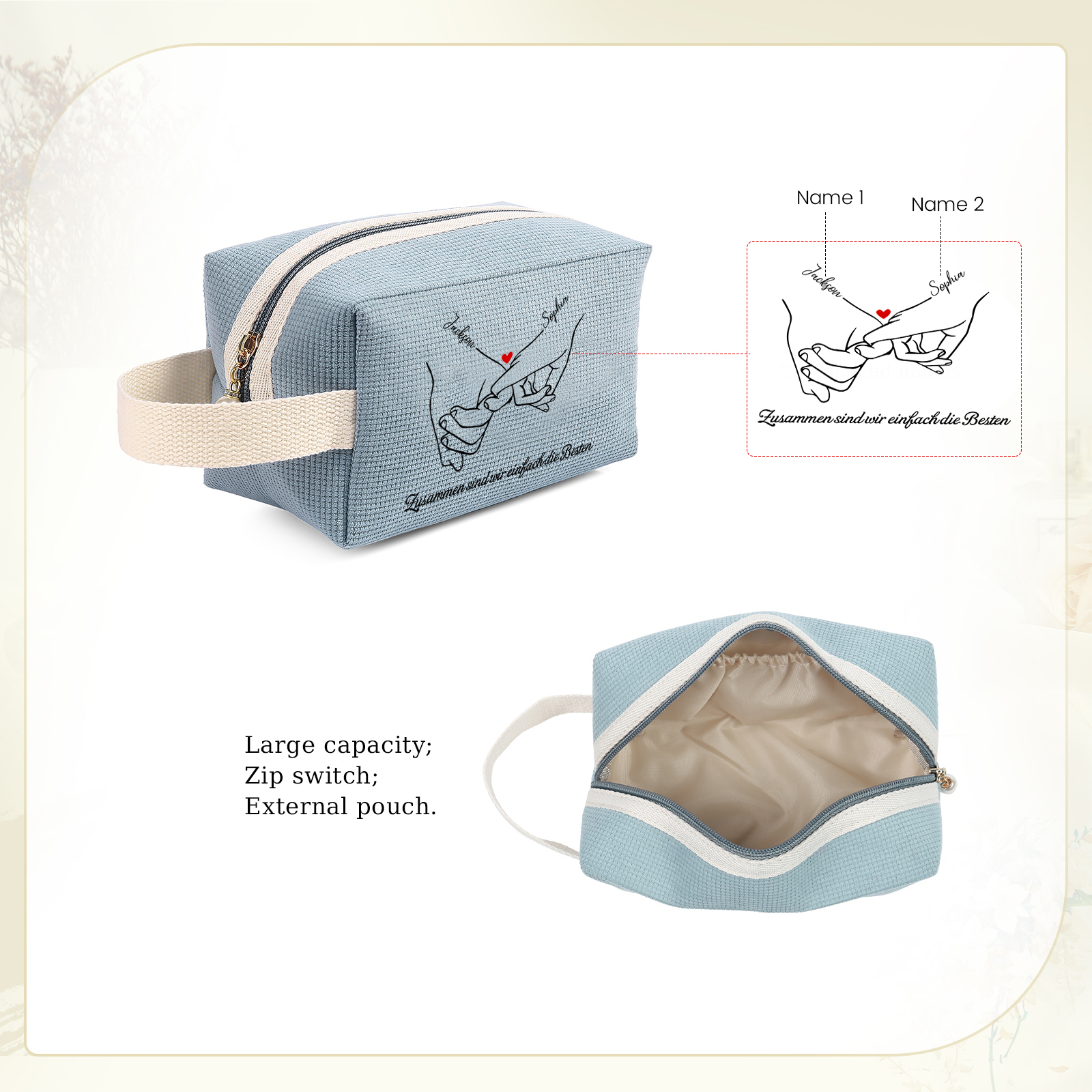 Personalisierter 1 Text & 2 Namen Kord Schminktasche in 2 Stile & 4 Farben – Perfektes Geschenk