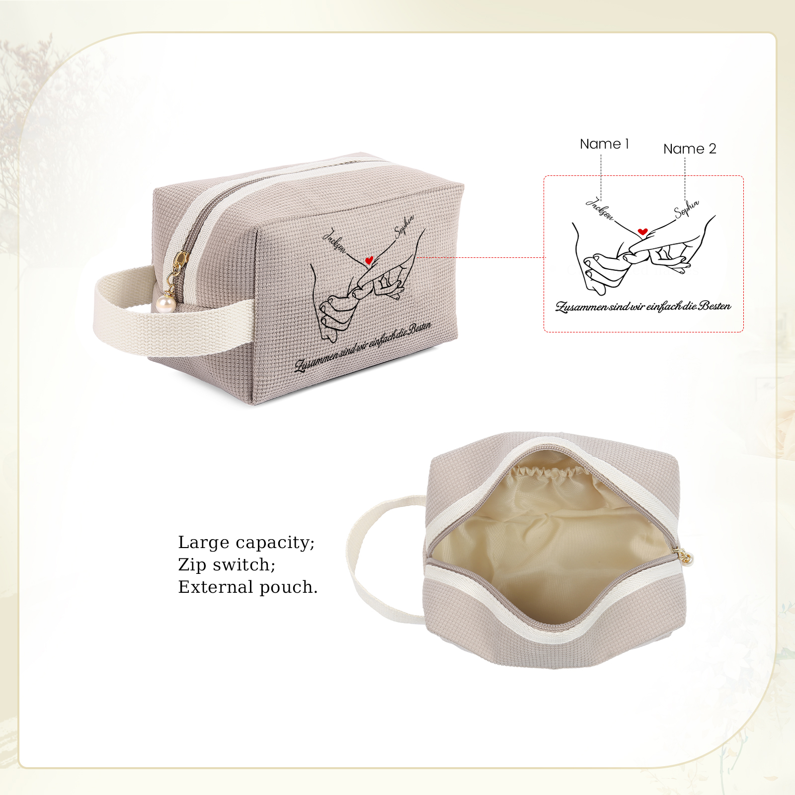 Personalisierter 1 Text & 2 Namen Kord Schminktasche in 2 Stile & 4 Farben – Perfektes Geschenk