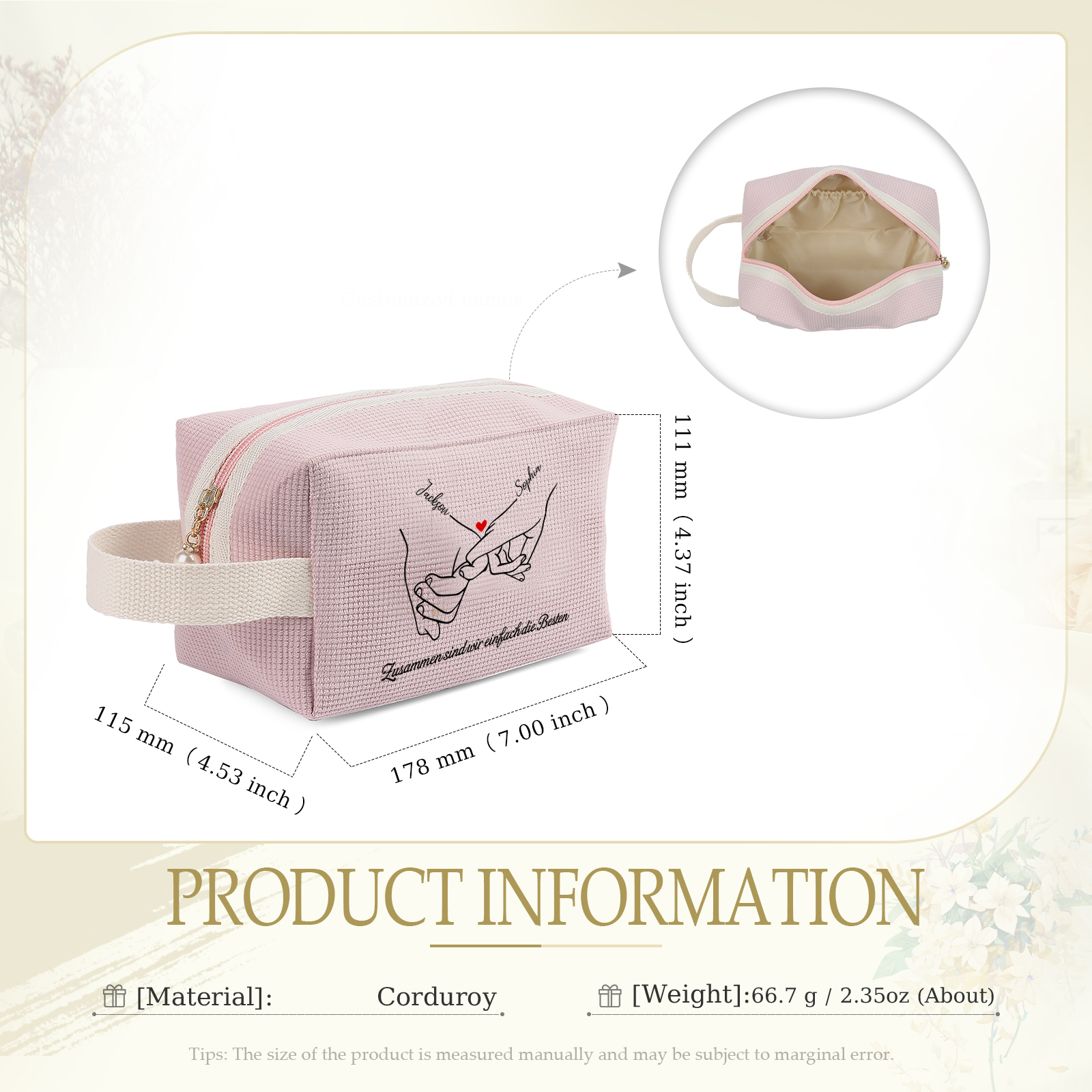 Personalisierter 1 Text & 2 Namen Kord Schminktasche in 2 Stile & 4 Farben – Perfektes Geschenk