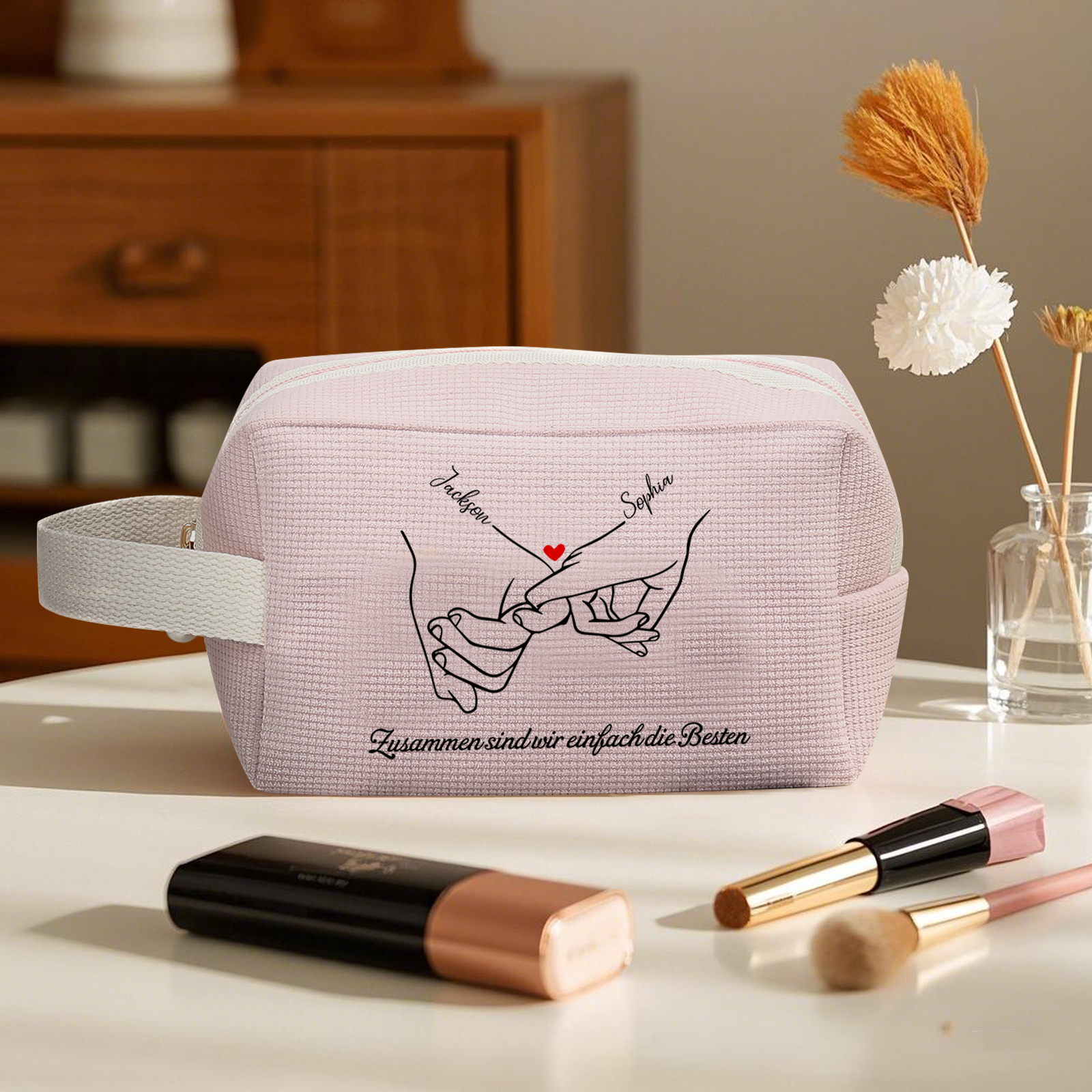 Personalisierter 1 Text & 2 Namen Kord Schminktasche in 2 Stile & 4 Farben – Perfektes Geschenk