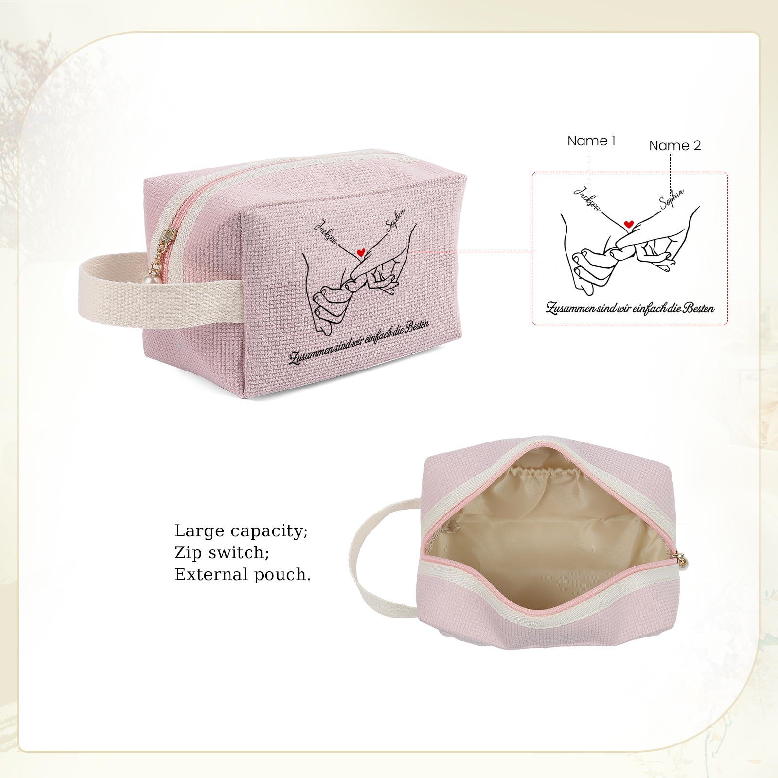 Personalisierter 1 Text & 2 Namen Kord Schminktasche in 2 Stile & 4 Farben – Perfektes Geschenk