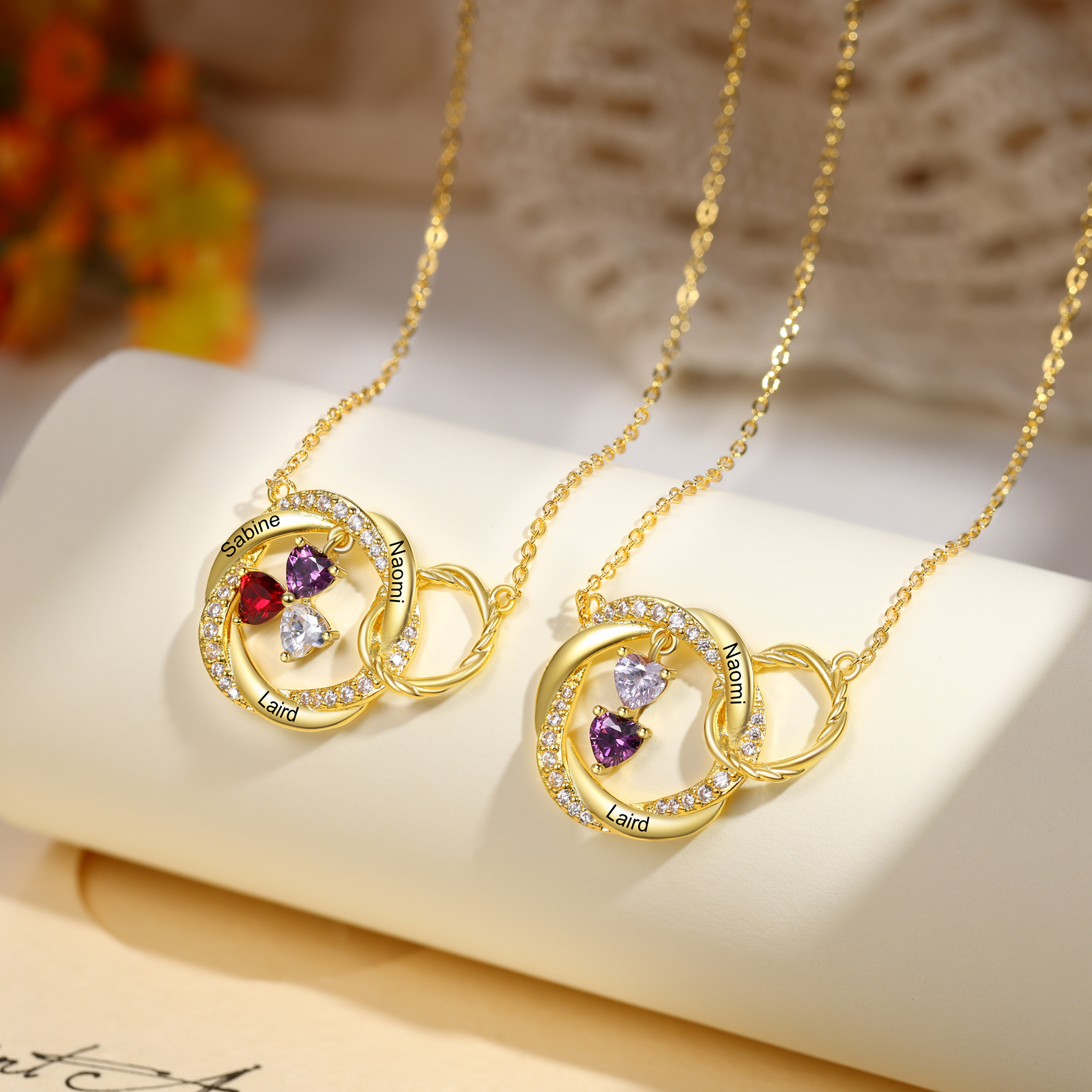 Personalisierte 2 Namen & 2 Geburtssteinen Doppelkreis-Halskette-Herzliches Geschenk für Frauen