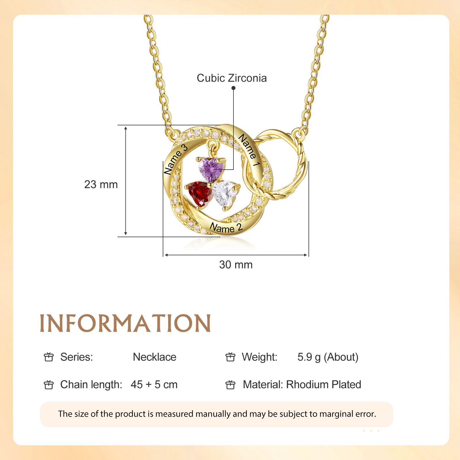 Personalisierte 3 Namen & 3 Geburtssteinen Doppelkreis-Halskette-Herzliches Geschenk für Frauen