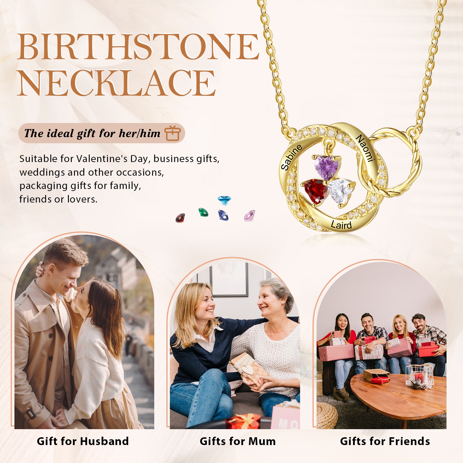 Personalisierte 3 Namen & 3 Geburtssteinen Doppelkreis-Halskette-Herzliches Geschenk für Frauen