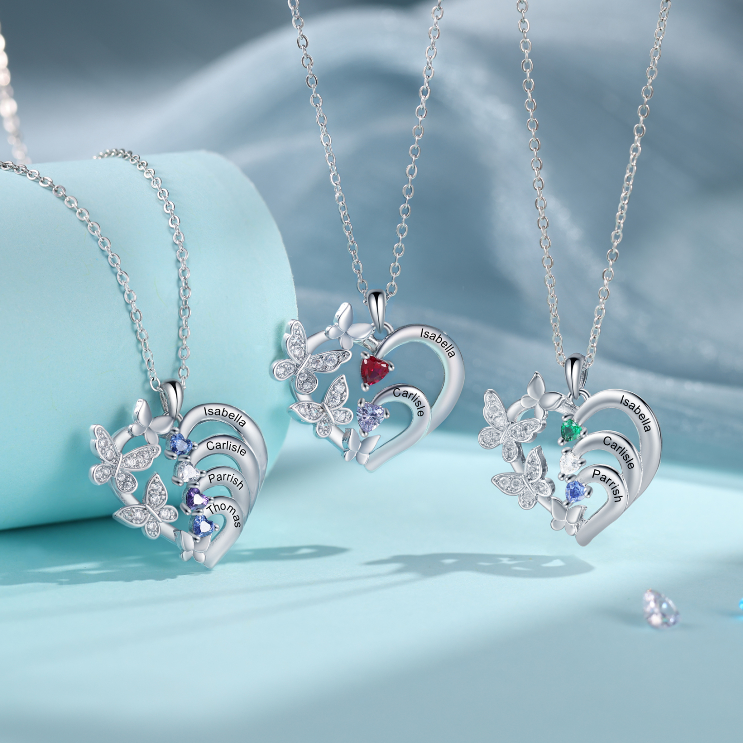 Personalisierte 4 Namen & 4 Geburtssteinen mit Schmetterling Doppelherz-Halskette-Herzliches Geschenk