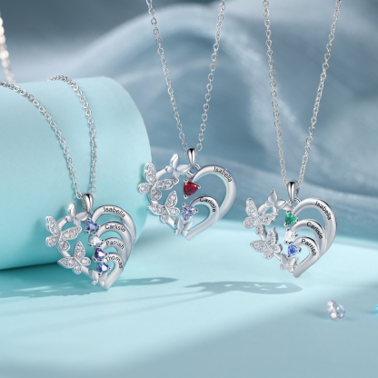Personalisierte 4 Namen & 4 Geburtssteinen mit Schmetterling Doppelherz-Halskette-Herzliches Geschenk