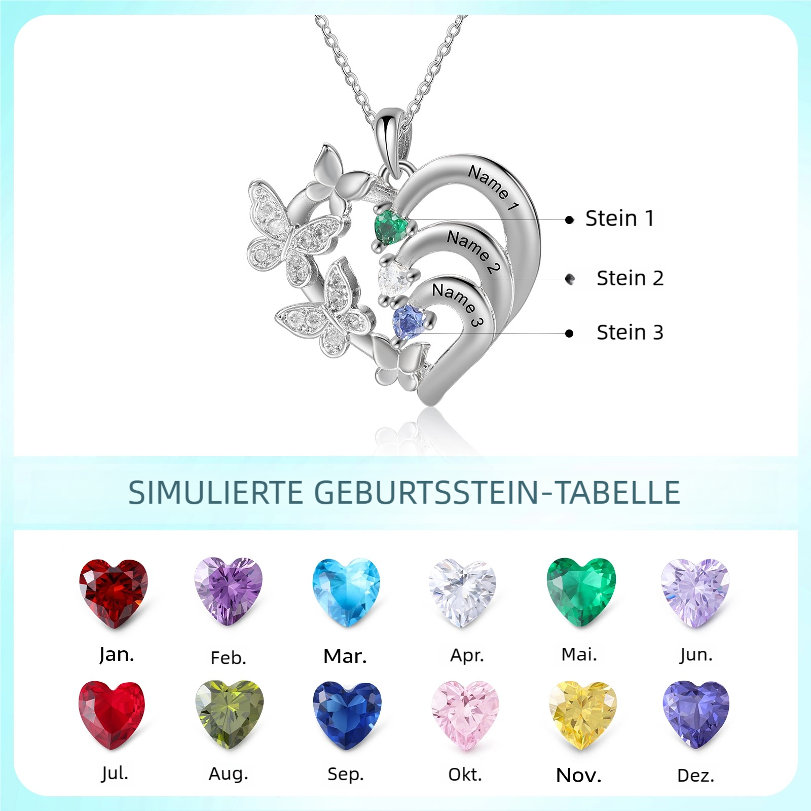 Personalisierte Doppelherz-Halskette mit Schmetterling, 2–4 Namen und Geburtssteinen