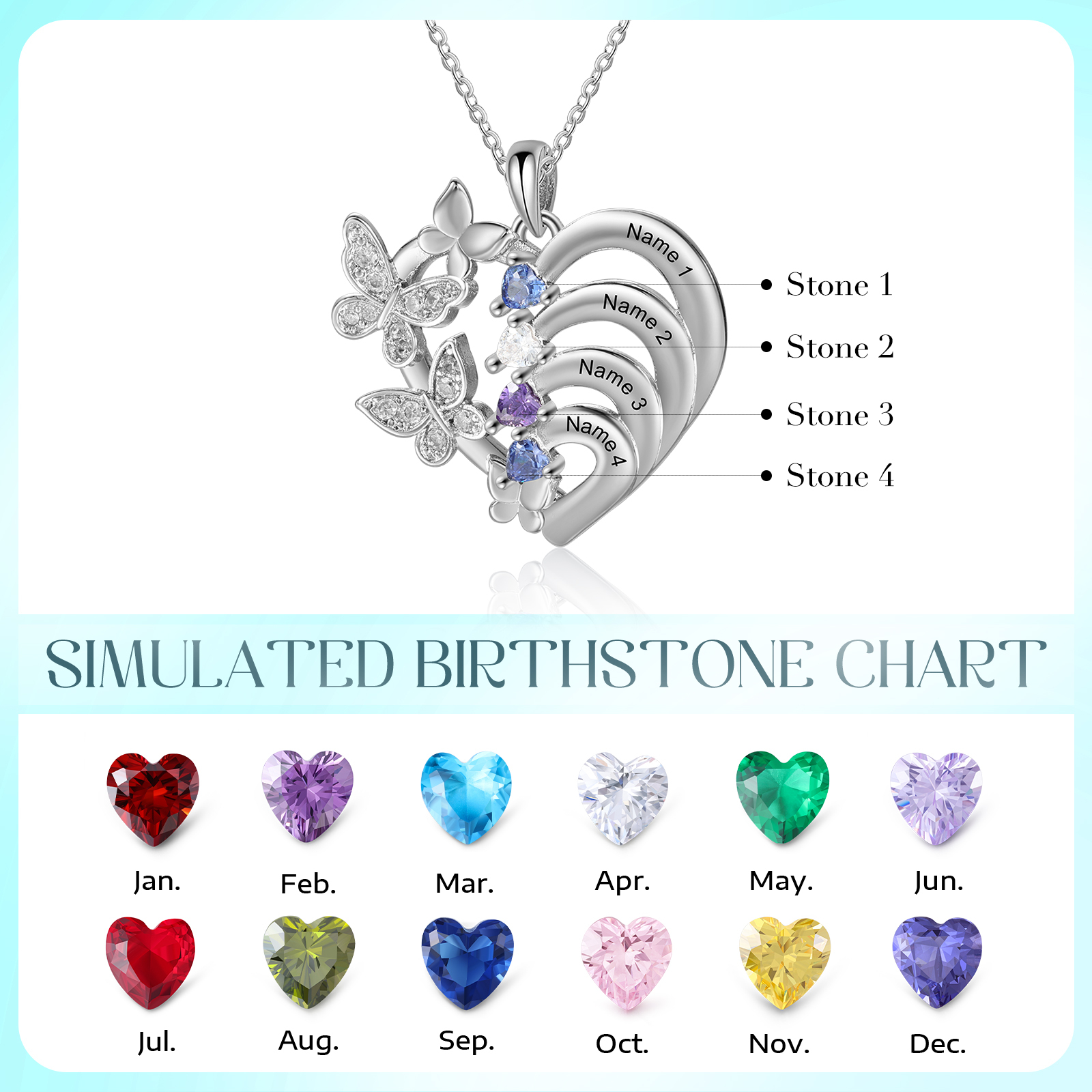 Personalisierte 4 Namen & 4 Geburtssteinen mit Schmetterling Doppelherz-Halskette-Herzliches Geschenk